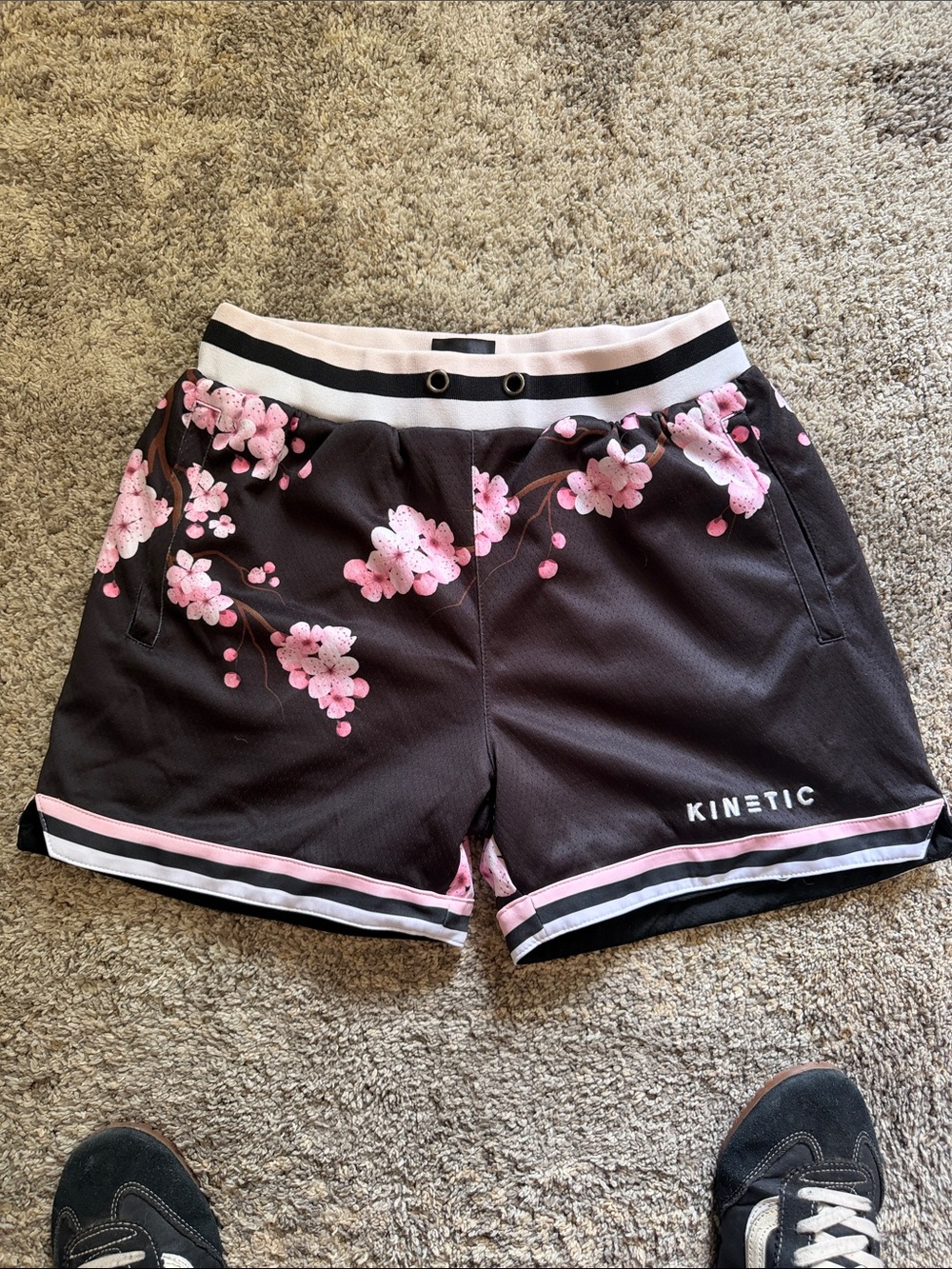 Kinetic Men's Black Athletic Shorts with Pink Floral Accents